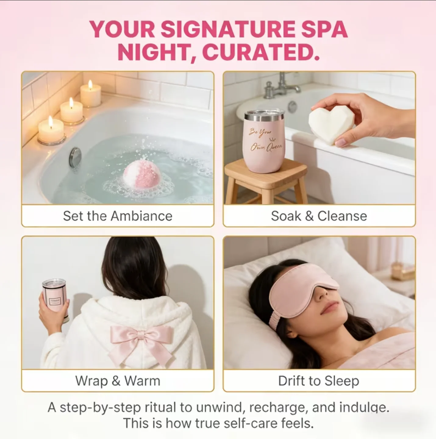 Luxury 7-in-1 Self Care Gift Set (Hamper)– Rose Spa Pamper Box - Bath Bomb, Candle, Tumbler, Silk Eye Mask & More "Gift for Her" - Image 8