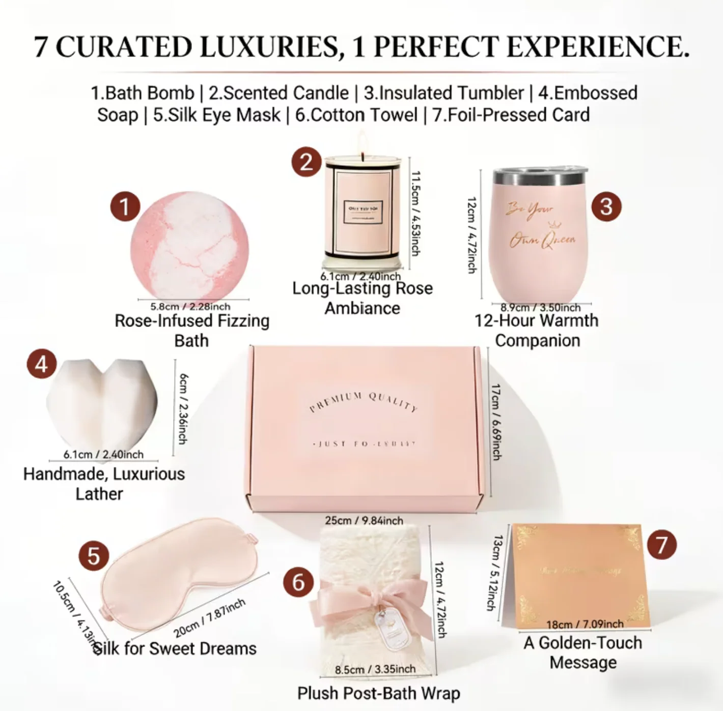 Luxury 7-in-1 Self Care Gift Set (Hamper)– Rose Spa Pamper Box - Bath Bomb, Candle, Tumbler, Silk Eye Mask & More "Gift for Her" - Image 9