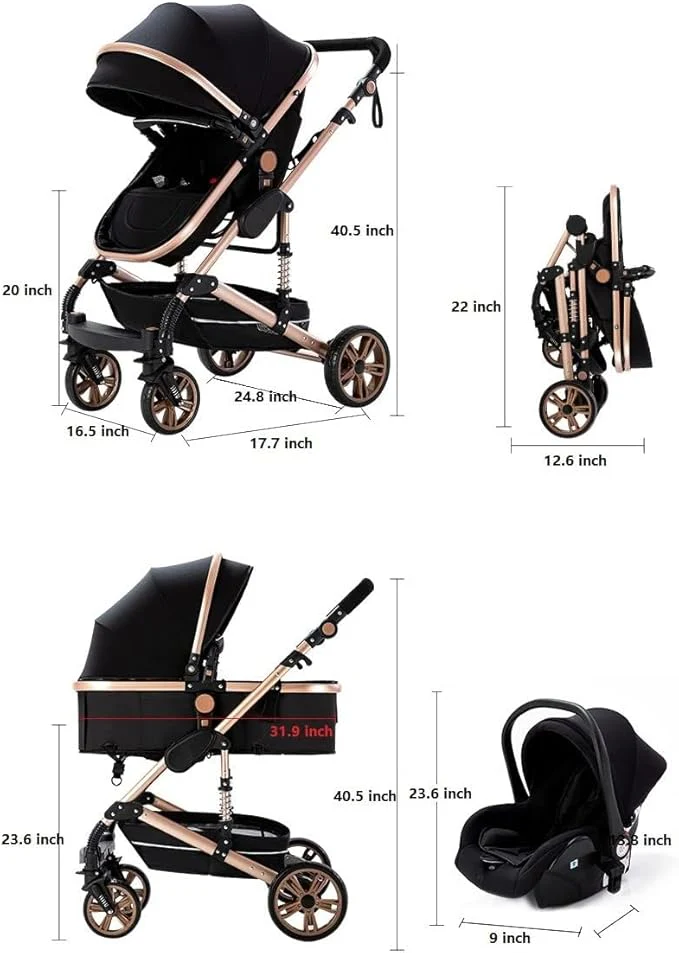 Cuteably® Baby Pram - 3 in 1 Pram Bassinet with Push Chair Set - BLACK - Image 6