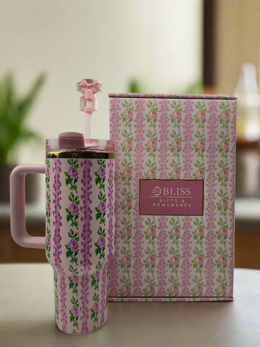 Love Shack 40oz Blush Baby Pink Floral Insulated Tumbler with Handle & Straw - Image 4