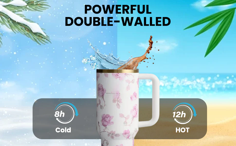 Love Shack 40oz Petal Pink Floral Insulated Tumbler – Stainless Steel Reusable Travel Cup - Image 7