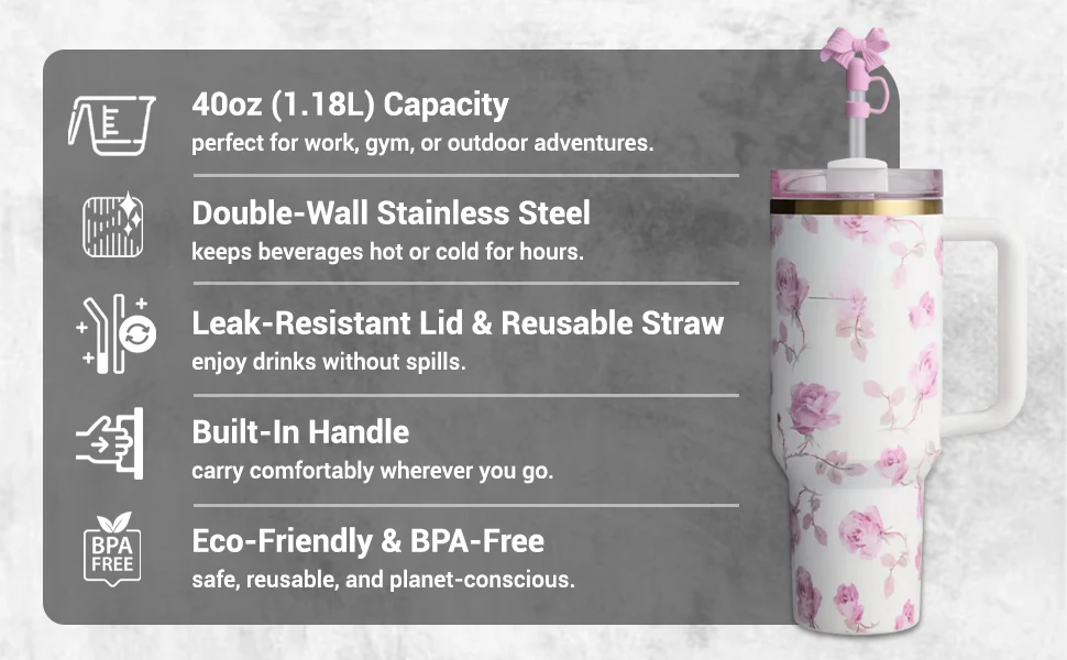 Love Shack 40oz Petal Pink Floral Insulated Tumbler – Stainless Steel Reusable Travel Cup - Image 9
