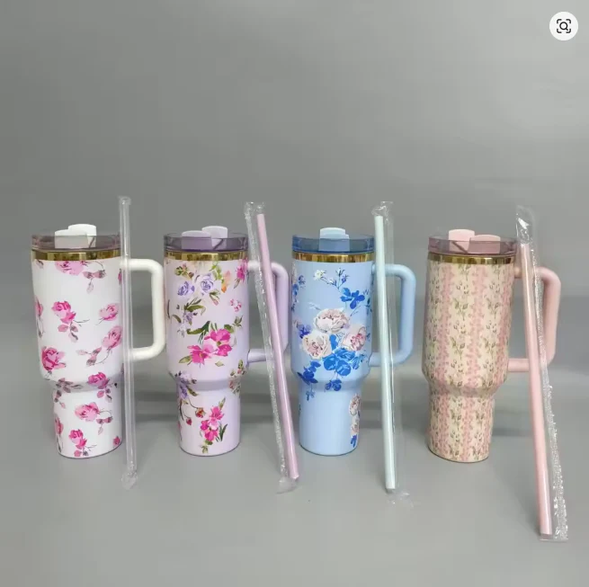 Love Shack 40oz Rosa Beaux Blue Floral Insulated Tumbler with Handle & Straw - Image 3