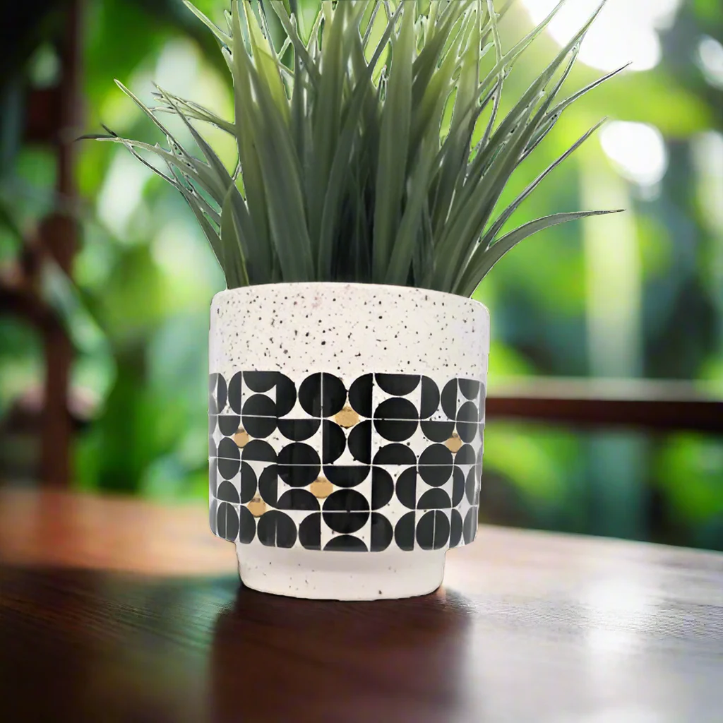 Terrazzo Look Black Aztec Planter Pot- 10cm